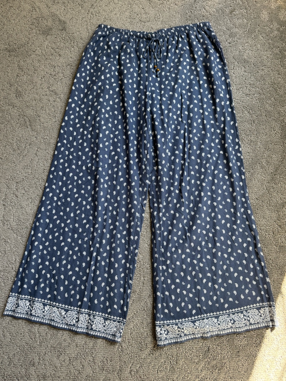 Wild Fable Navy Blue Paisley Wide Leg Linen Blend Pants Size L Like New